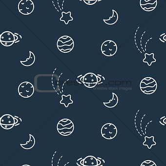 Doodles cosmos planets seamless vector pattern.