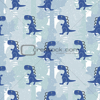 Dino blue color boy seamless vector pattern.