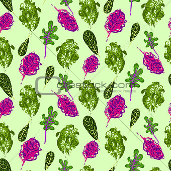 Kale vegetable hand drawn seamless pattern.