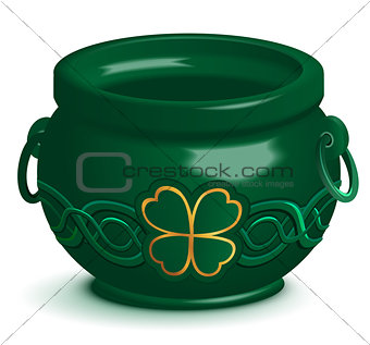 Green empty pot with leaf clover ornament. St. Patricks Day symbol