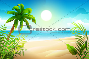 Sunny day on tropical sandy beach. Palm trees and sea paradise holidays