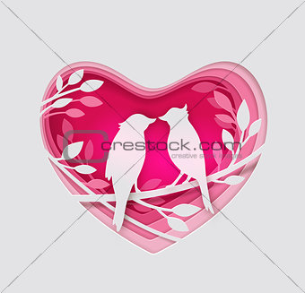 Paper pink heart and two birds 