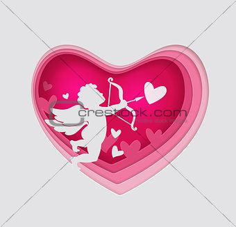 Paper pink heart and cupid