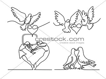 Set continuous flying two pigeons with heart logo