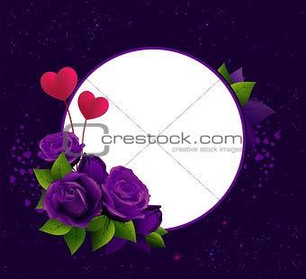 Purple roses and two heart shape symbol love. Frame template greeting card