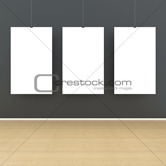 Mock up room, white three posters on black wall 3D rendering