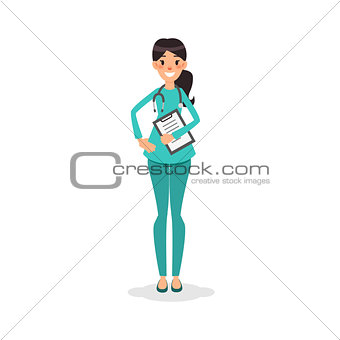 Cartoon flat nurse smiling. Young women doctor with stethoscope and patient history. Nursing women character for medical or information poster. Happy nurse, doctor or health day.