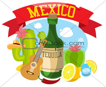 Mexico. Vector illustration with symbols of Mexico
