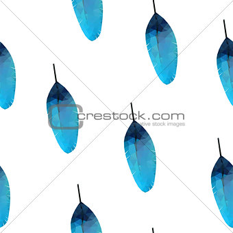 triangular blue feather on white background. Vector pattern