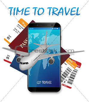 Air travel international vacation concept. Business travel banner with airline tickets and realistic airplane. Travel agency advertisement airplane poster. Vector illustration