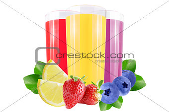  Fresh berries and lemon juices over white 