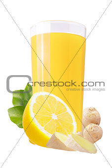 Lemon and ginger juice isolated on white