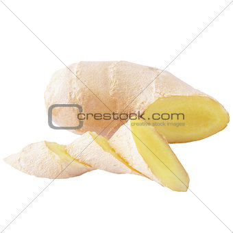 One piece and three slices ginger root isolated on white 