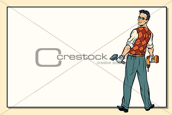 man and repair, drill hammer, copy space background