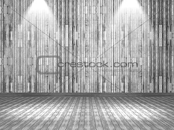 3D wooden interior with spotlights shining down