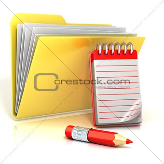 Folder icon with red pencil and notepad. 3D