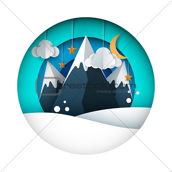 Cartoon paper landscape. Mountain, cloud, sun, star, moon, sky.