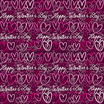 Colorful doodle hearts and handwritten lettering seamless patter