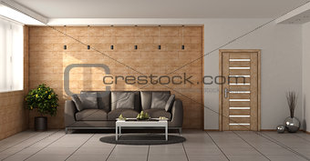 Modern living room with wooden walls