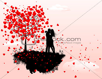 Couple in love next to a tree with hearts