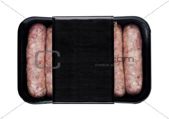 Plastic tray of raw pork beef sausages isolated