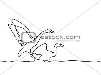 Continuous one line drawing. Flying Swans logo