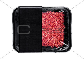 Plastic tray with raw fresh beef minced meat