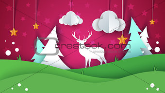Cartoon paper summer landscape. Deer, star, cloud, fir, hill, grass.