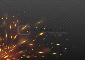 Glowing Red flying fire sparks. Fire Isolated on a black transparent background. Vector illustration.