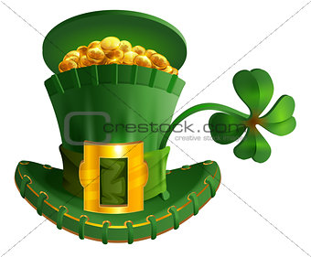 Green hat full gold coin and luck leaf clover. St. Patrick's Day symbol accessory
