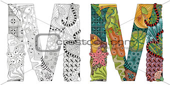Letter M zentangle for coloring. Vector decorative object