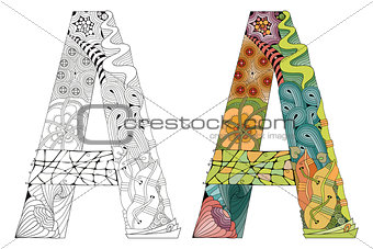 Letter A zentangle for coloring. Vector decorative object