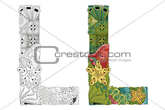 Letter L zentangle for coloring. Vector decorative object