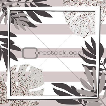 Silver tropical leaves with frame. Striped background