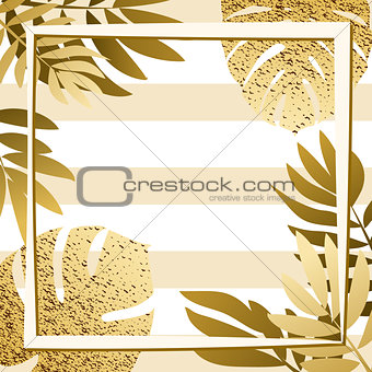 Golden tropical leaves with frame. Striped background
