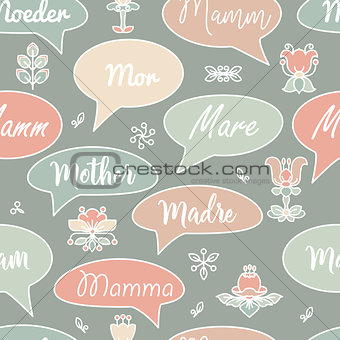 Seamless pattern with speech bubbles and words Mother. Vector.
