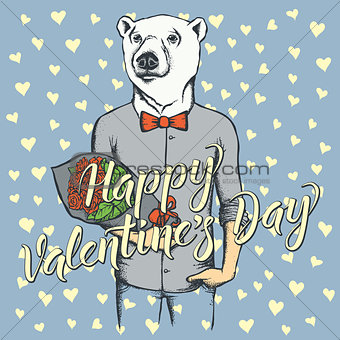 Vector bear with flowers celebrating Valentines Day