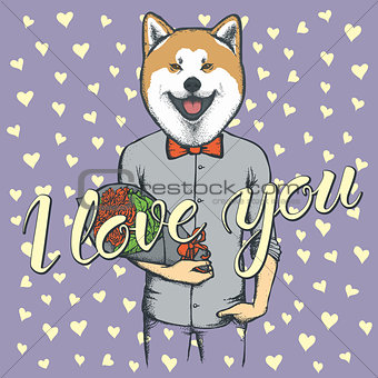Vector dog with flowers celebrating Valentines Day