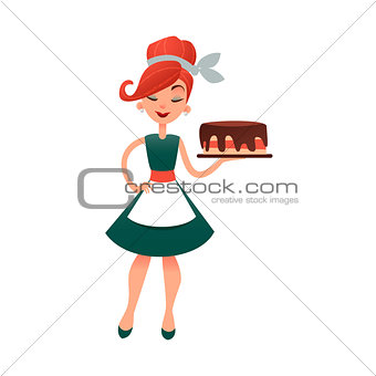 Funny cartoon housewife with cake. Happy vector homemaker with bakery product. Beautiful woman in old retro style. Young lady baking pie.