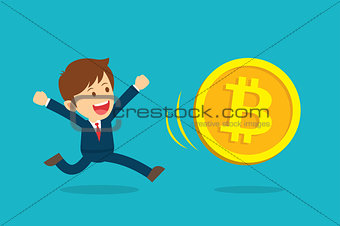 Businessman running are happy at the bitcoin prices up. Cryptocu