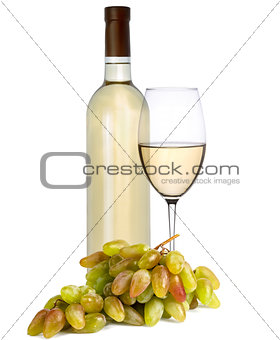 Bottle and a glass of white wine with grapes