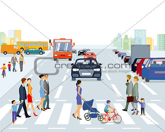 big city with road traffic and pedestrian, illustration