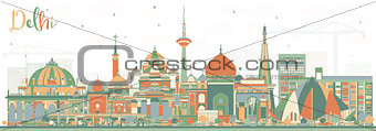Delhi India City Skyline with Color Buildings.