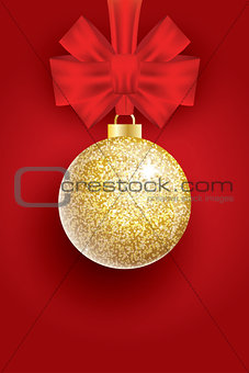 Christmas Golden Glitter Christmas Ball and Red Bow on Red Backg