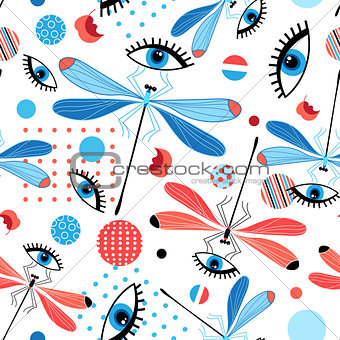 Seamless bright dragonfly pattern and eyes 