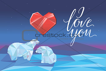 Low poly polar bears sitting on ice and looking each other. Valentines day design. Romantic card. Vector illustration.