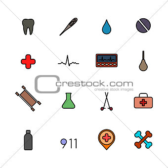 Set of flat medical icons with black stroke, vector illustration.