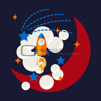 Cartoon rocket and moon in space t shirt design.