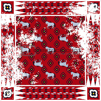 Horse red rough rug vector square design.