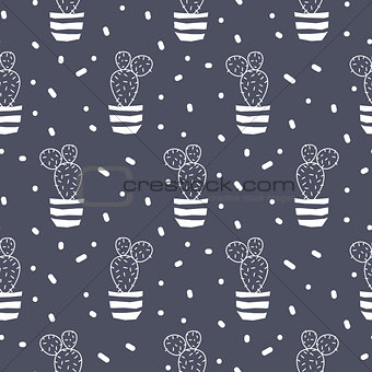 Cactus plant in a pot blue seamless pattern.